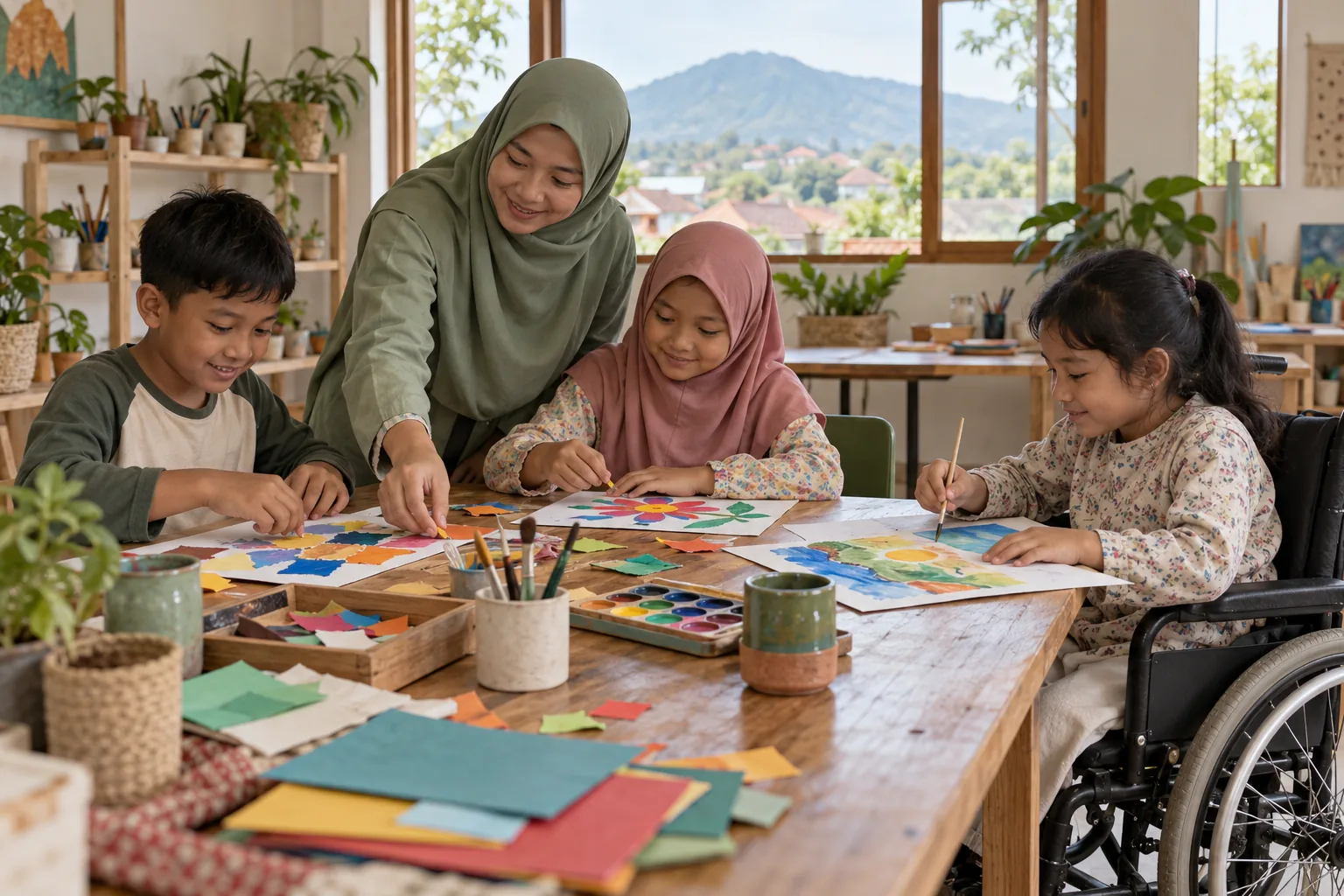 Ilustrasi realistis kegiatan seni inklusif: pendamping berhijab bersama tiga anak membuat kolase dan melukis, termasuk seorang pengguna kursi roda.