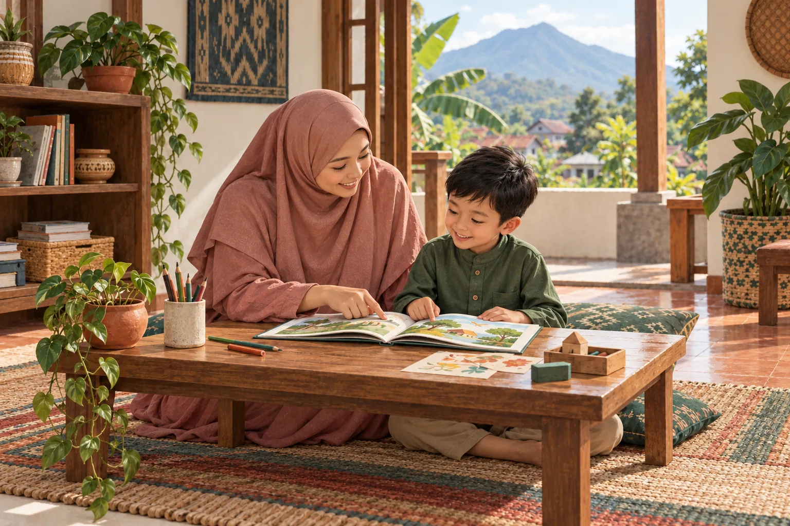 Ilustrasi ibu berhijab mendampingi anak membaca dengan tenang di rumah. Semua tokoh berpakaian sopan dan dada tertutup.