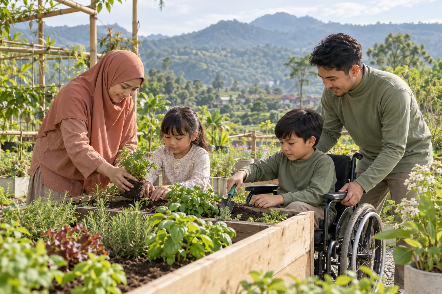 Ilustrasi realistis anak dan pendamping berkebun pada meja tanam yang aksesibel, termasuk anak pengguna kursi roda.