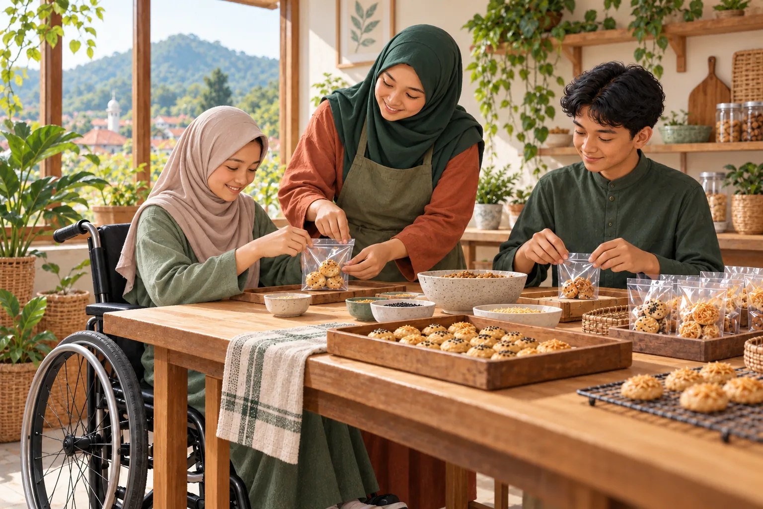 Ilustrasi pendamping berhijab bersama remaja termasuk pengguna kursi roda belajar mengemas makanan. Semua tokoh berpakaian sopan dan dada tertutup.